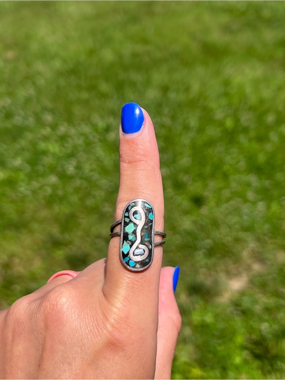 Oval Turquoise Inlay Double-Band Statement Ring
